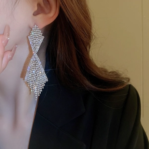 Detail of silver long tassel earrings with sparkling rhinestones worn by a model