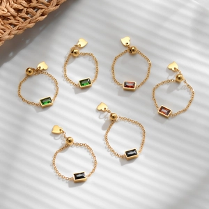 Adjustable Chain Ring Titanium Steel Gold Plated Rectangle Zircon Slider Bead Heart Charm Elegant Jewelry For Women