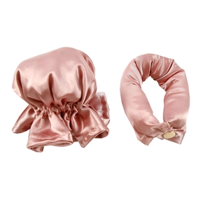 Pink silk hair wrap set featuring a ruffled bonnet and circular heatless hair curler tool