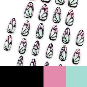 3D butterfly press-on nails with aurora shimmer gradient and long almond wing patterns