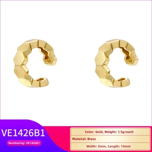 Detailed specs of geometric C-shaped brass ear cuffs with a faceted golden finish