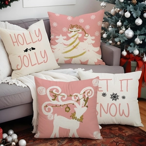 Pink Christmas tree and reindeer linen pillow covers, 4-pack holiday sofa decor set
