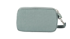 Detail view of the sage green nylon phone pouch featuring a secure metal carabiner strap