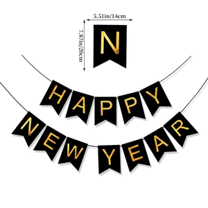 Gold foiled Happy New Year banner with black flags for 2024 party atmosphere decoration