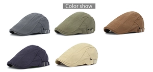 Detail of adjustable side metal buckles on cotton flat caps in five solid colors