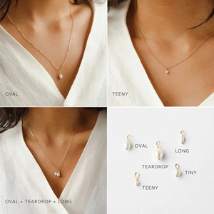 Baroque freshwater pearl necklace with 14K gold plated chain shown in four various styles