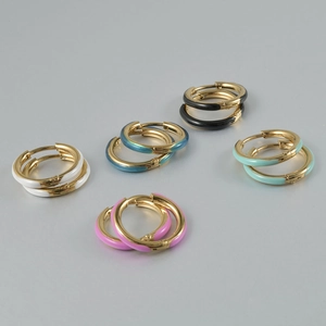 Five pairs of gold stainless steel hoop earrings with colorful enamel drip oil stripes