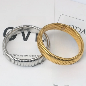 Stainless Steel Elastic Wide Bangle Tubogas Ribbed Stripe Bracelet For Men Women Minimalist Jewelry