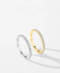Détail des bagues éternité en argent et or avec sertissage micro-pavé de zircons