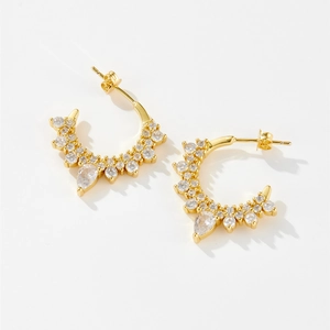 Fashion Copper Irregular C-Shaped Hoop Earrings For Women Luxury Rhinestone Geometric Stud Earrings Daily Commute Jewelry
