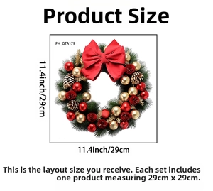 Detailed view of 29cm Christmas wreath with red bow, ornaments and pine cones