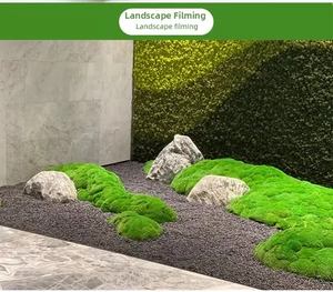 Zen garden detail showing artificial green moss balls with grey stones on black gravel