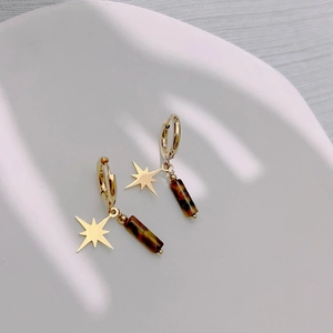 Detailed view of gold star earrings with brown tiger eye beads on white ceramic tray