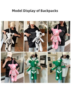Three punk skull bear backpacks in white pink and green shown in various lifestyle shots