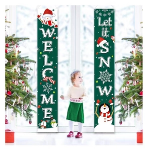 Festive dark green Christmas porch banners with snowman graphics and Welcome lettering