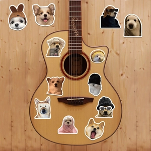 Funny realistic dog stickers featuring various breeds on a wooden guitar and wall decor
