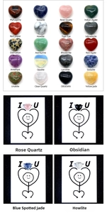 Detailed grid of assorted 15mm heart-shaped natural crystal stones with creative illustrations