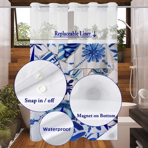 Detail of waterproof waffle shower curtain with snap-in liner and magnetic bottom weights