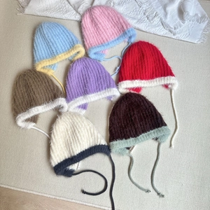 Kids Knit Earflap Hat Winter Warm Plush Acrylic Contrast Color Windproof Tie Up Beanie For Toddler Boys Girls