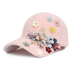 Casquette de baseball rose d'hiver pour femme avec fleurs 3D faites main et perles