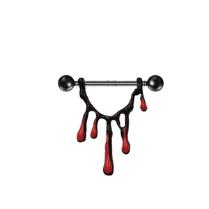 Surgical steel nipple ring featuring red and black blood drop pendants on white background