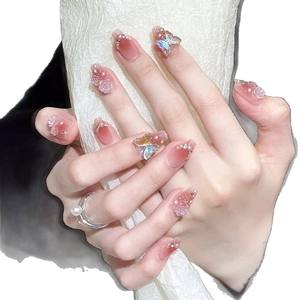 Rosa Ombré künstliche Nägel mit 3D Schmetterlingen und Rosen für einen süßen Look