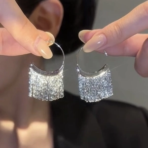 Macro view of silver tassel earrings with sparkling rhinestones and elegant round hooks