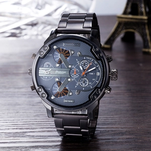 Close-up of a large black stainless steel multi-timezone men's watch on wood