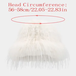 Size chart showing 56-58cm head circumference for white fluffy faux fur bucket hat