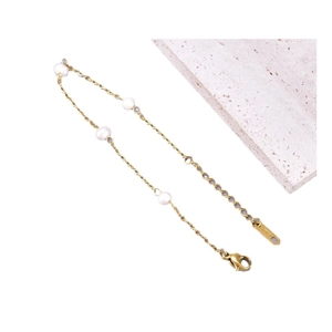 Minimalist gold stainless steel bracelet with four white pearls and K18 engraved tag