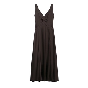 Elegant Satin Maxi Dress V Neck Sleeveless Ruched High Waist Hollow Out Back Side Zipper Evening Party For Women