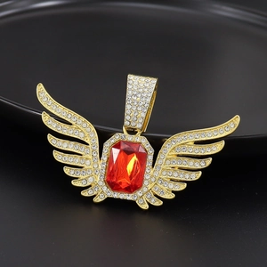 Hip hop angel wing pendant necklace with red ruby and rhinestones on black background