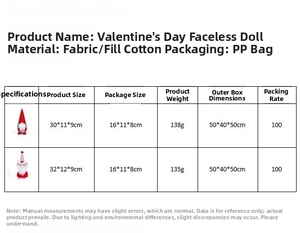 Detailed size specifications and material chart for the Mother's Day gnome doll decoration