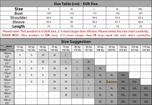 Detailed size guide table for men's crewneck sweatshirt with European sizing dimensions