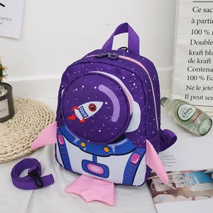Close-up of a purple astronaut toddler backpack with a space rocket window design
