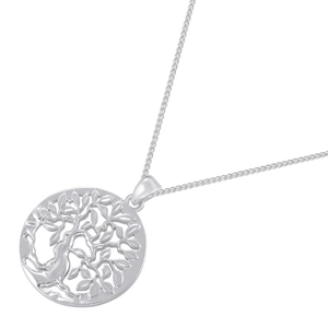 Macro shot of silver tree of life hollow pendant with intricate metalwork necklace