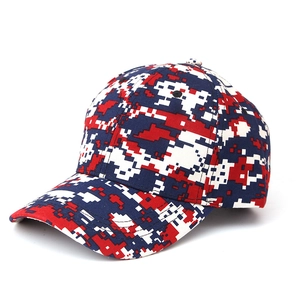 Detail of red, white, and blue digital camouflage baseball cap with breathable eyelets