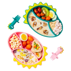 Silicone dinosaur baby plate set with divided suction plate and matching training fork