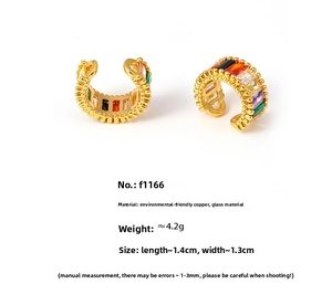 Detailed view of rainbow glass stone ear cuff with copper base showing 1.4cm dimensions