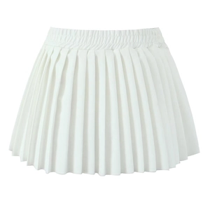 Detailed close-up of white pleated mini skirt featuring an elastic waistband design