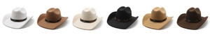 Detail of western cowboy hats showing vintage metal studs and decorative cross stitching