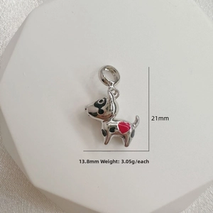S925 silver dog charm with black enamel spots and red heart, size 21mm by 13.8mm