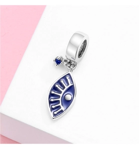 Detailed close-up of S925 silver charm with blue enamel evil eye and sparkling zircon