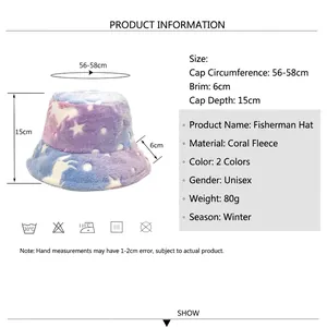 Fleece tie-dye bucket hat with unicorn star pattern and detailed product size specifications