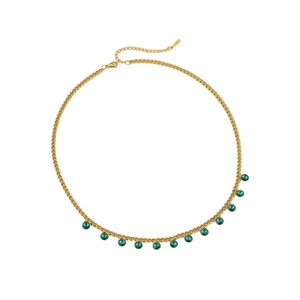 Gold stainless steel curb chain necklace with eleven green crystal pendant charms