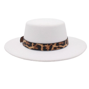 Classic white wool felt boater hat with stylish leopard print leather band decor