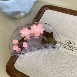 Pinza para el pelo de flor de cerezo en acetato violeta grisáceo con pétalos rosas finos