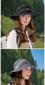Detail of outdoor sun hats featuring breathable mesh side panels and adjustable chin straps