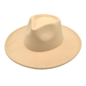 Detail of light beige wool felt fedora showing wide brim and classic teardrop top crown