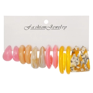 Set of 6 pairs of colorful resin C-shape hoop earrings with diverse marble textures